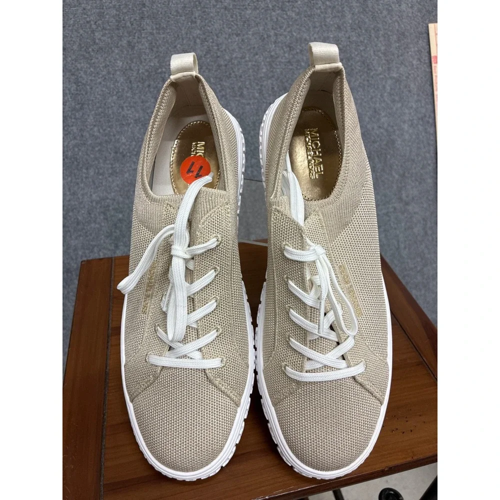 Michael Kors Bodie Knit Lace Up Sneakers Champagne Gold Logo Platform 11
